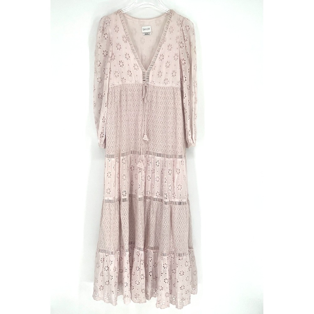 Saylor Maxi Dress Womens XS Baby Pink Eyelet Boho Peasant Prairie Tiered